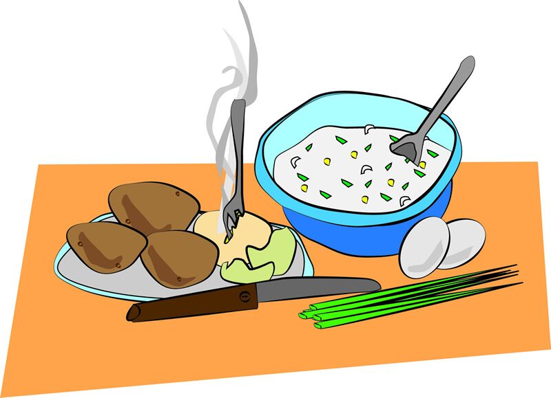 Illustration Vektoren, Kochrezept "Pellkartoffeln mit Schnittlauchsoße"
