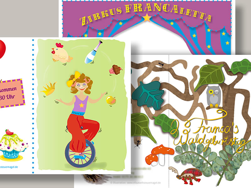 Einladungskarten für einen Kindergeburtstag. Themen: Mitmachzirkus, Waldgeburtstag Die Hamburger Grafik-Designerin gestaltet und Illustriert Einladungskarten für unterschiedliche Anlässe