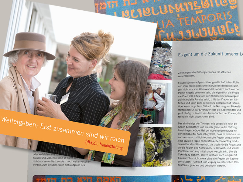 Fundraisingbroschüre, Cover, Innenseiten, Rückseiten, filia.die frauenstiftung Fundraisingbroschüre, gestaltet von der in Hamburg lebenden Grafik-Designerin Elisabeth Steuernagel