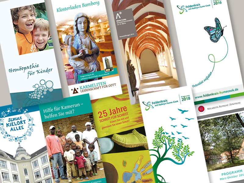 Flyer in unterschiedlichen Formaten mit unterschiedlicher Seitenanzahl Aus der Hand der Hamburger Grafi-Designerin Elisabeth Steuernagel entstehen individuell gestaltete Flyer verschiedenster Formate