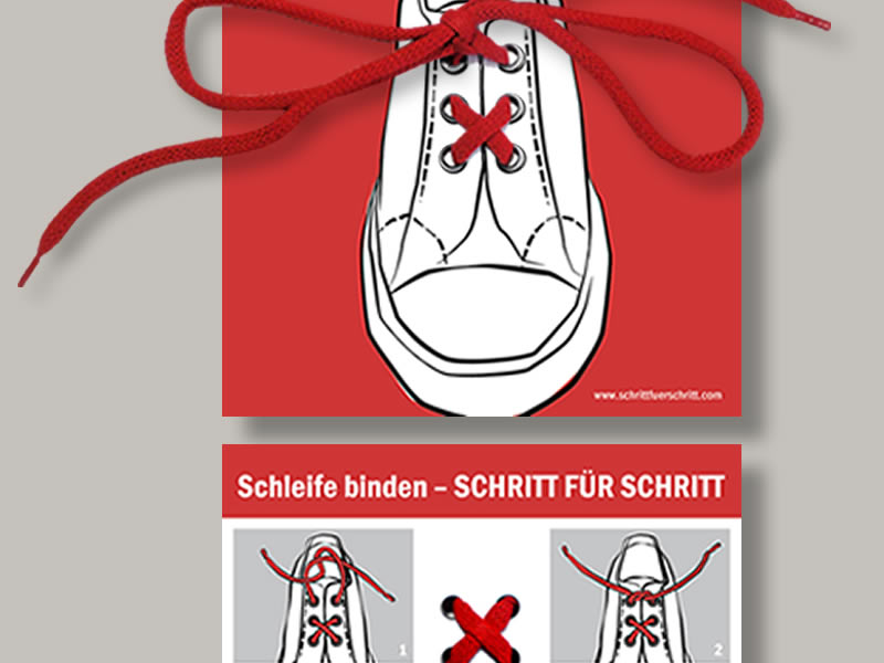 GiveAway für einen Schuhladen, Karte für Kinder zum Lernen des Bindens einer Schleife, Erklärungsillustrationen GiveAway mit Illustrationen zum Erlernen des Schleifebindens, Konzept, Gestaltung und Illustrationen von der Hamburger Grafik-Designerin Elisabeth Steuernagel